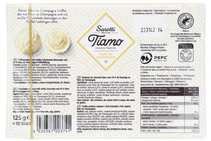 Bünting Tee Sarotti Tiamo Marc de Champagne Trüffel125 g